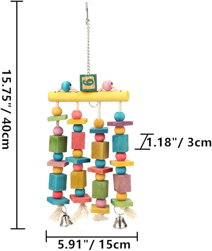 Parrot Hanging Chew Toy Bird Bite Swing with Colorful Wood Beads Bells for Parrot Macaw African Greys Cockatiels Cage Accessories (Hanging with Bell Toy)