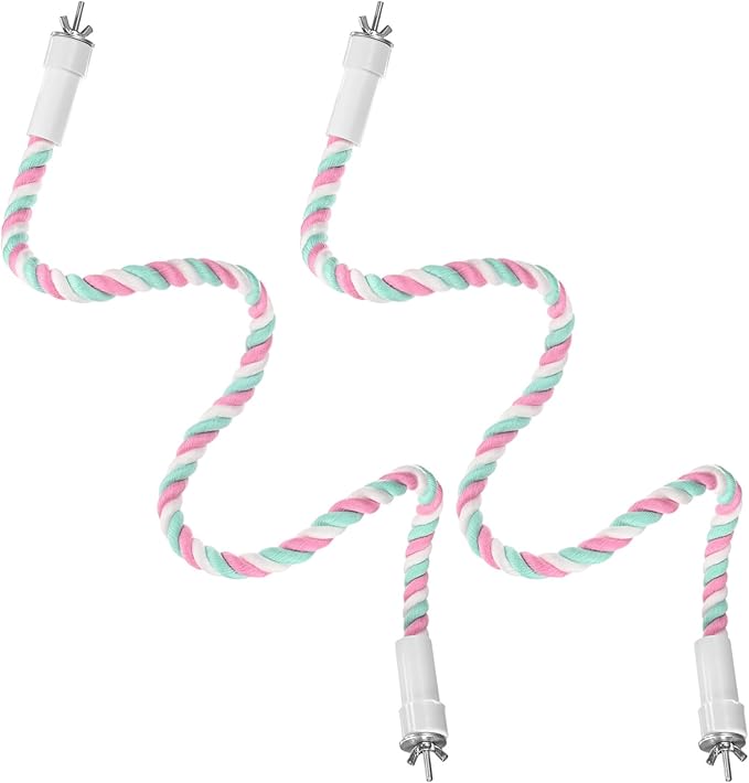 2-Pack Rope Perches for Bird Cages, 31.5 in Length Comfort Grip Flexible Rope Perch Beak & Paw Grinding for Parrots/Cockatiels/Parakeets, Bird Platform Sand [Pink Cyan]