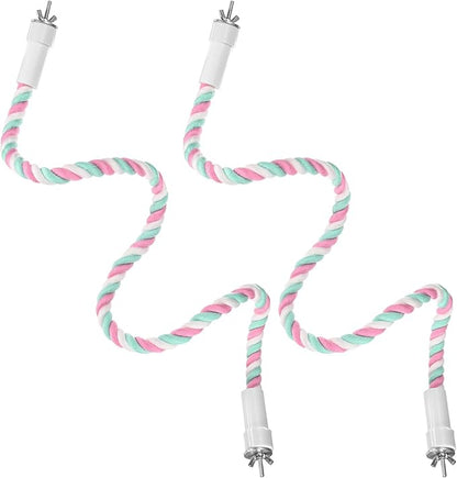 2-Pack Rope Perches for Bird Cages, 31.5 in Length Comfort Grip Flexible Rope Perch Beak & Paw Grinding for Parrots/Cockatiels/Parakeets, Bird Platform Sand [Pink Cyan]