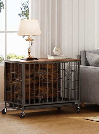 Large Dog Crate Furniture, 38.6" L x 25.6" W x 26.8" H, Indoor Pet Crate with Double Doors, Removable Tray and 360° Wheels, Wooden Countertop Dog Kennel, Brown&Black