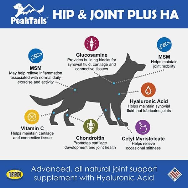 Kala Health PeakTails Hip & Joint Plus HA for Dogs  90 Tablets, Glucosamine, Chondroitin, OptiMSM, Vitamin C & Hyaluronic Acid  Supports Joint Mobility & Comfort