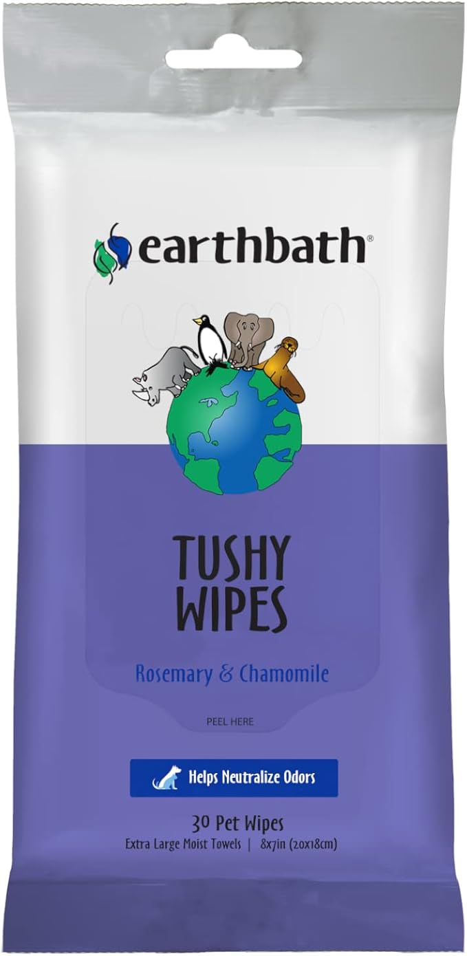 earthbath, Rosemary & Chamomile Tushy Wipes - Dog Wipes for Paws and Butt, Pet Wipes for Dogs & Cats, Made in USA, Cruelty-Free Dog Cleaning Wipes, Helps Neutralize Odors - 30 Count (1 Pack)