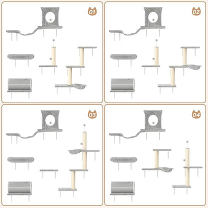 NUNU LAB Cat Wall Shelves Set, 7 Pcs Wall-Mounted Cat Climber with Cat House, Tunnel, Bridge, Scratching Post, Hammock, Wall Shelves, Gray