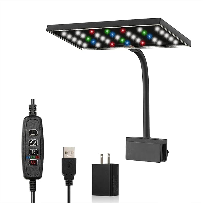 Carefree Fish Aquarium LED Light USB 5V RGBW 5730 Timmer 5~20Gal Fish Tank Clip Light 10 Brightness Levels 13W with USB Port (Include Power Adapter)