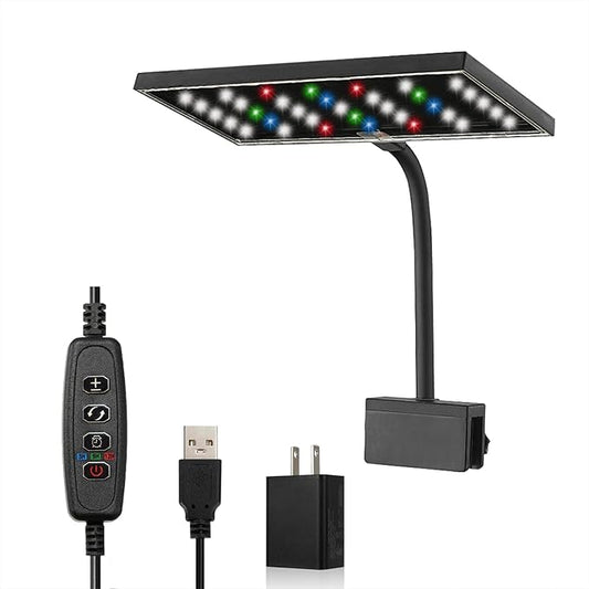 Carefree Fish Aquarium LED Light USB 5V RGBW 5730 Timmer 5~20Gal Fish Tank Clip Light 10 Brightness Levels 13W with USB Port (Include Power Adapter)