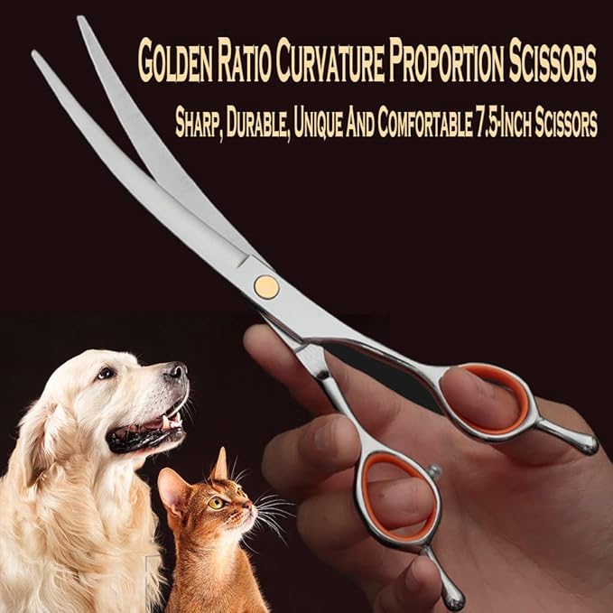 AIRY 7.5" Dog Grooming Kit Professional Dog Grooming Scissors Set Including Comb and Curved Scissors for Dog Grooming, Cat Dogs Grooming Shears for Right and Left Handers Trimming