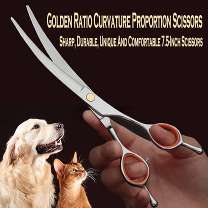 Dog Grooming Kit 7.5in Professional Dog Grooming Scissors Curved Set Including Straight Cutting,Thinning Shears,Curved Scissors,Round Tips Trimming and Comb, Cat Dogs Grooming clippers for Face Paws