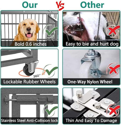 38 Inch Heavy Duty Indestructible Dog Kennel with Wheels, High Anxiety Kennel, Sturdy Locks Design, Double Door and Removable Tray, Extra Large XL XXL Dog Crate