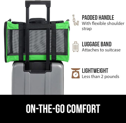 GORILLA GRIP Cat Carrier Travel Bag Up to 15 Lbs, Soft Collapsible Small Dog Carriers, Top and Side Entry Breathable Mesh, Grip Feet on Underside, Cozy Washable Waterproof Pad, Portable Kennel, Green