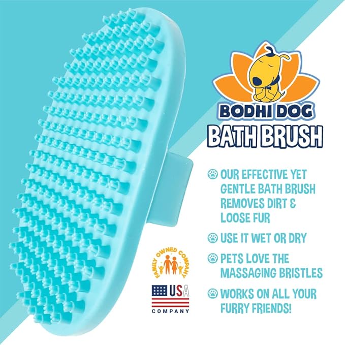 Bodhi Dog Hair Brush & Shampoo Bundle - Rubber Grooming Brush for Cats & Dogs - Gentle Scrubber for Long & Short Hair - Waterless Shampoo for Sensitive Skin & Bath Brush Set (Aqua)