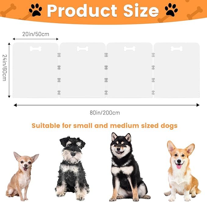 Acrylic Dog Playpen for House 4 Panels 80" W x 24" H Preassemble Foldable Clear Dog Gate Indoor with Handles, Free-Standing Pet Fence for Doorways Dog Pen for Small Dogs Puppy Cat Rabbit