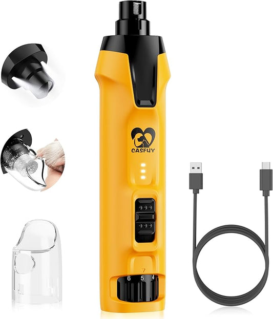 Casfuy 6-Speed Dog Nail Grinder  50%+ Boost Power Dog Nail Trimmers Quiet with Dust Cap & 2 LED Lights & 2000mAh Battery & 4.8V Motor Electric Pet Toenail File Tool for Large Medium Small Dogs Cats