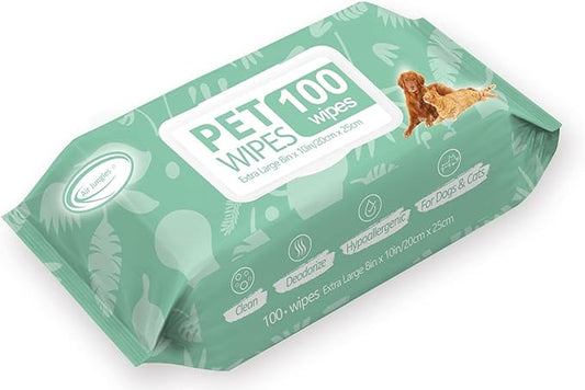 Air Jungles 3in1 Pet Wipes for Dogs and Cats 100 Count, Extra Large 8" x 10", Hypoallergenic Cleaning, Grooming, Deodorizing Wipes for Pets Paws Body Face Ear Butt