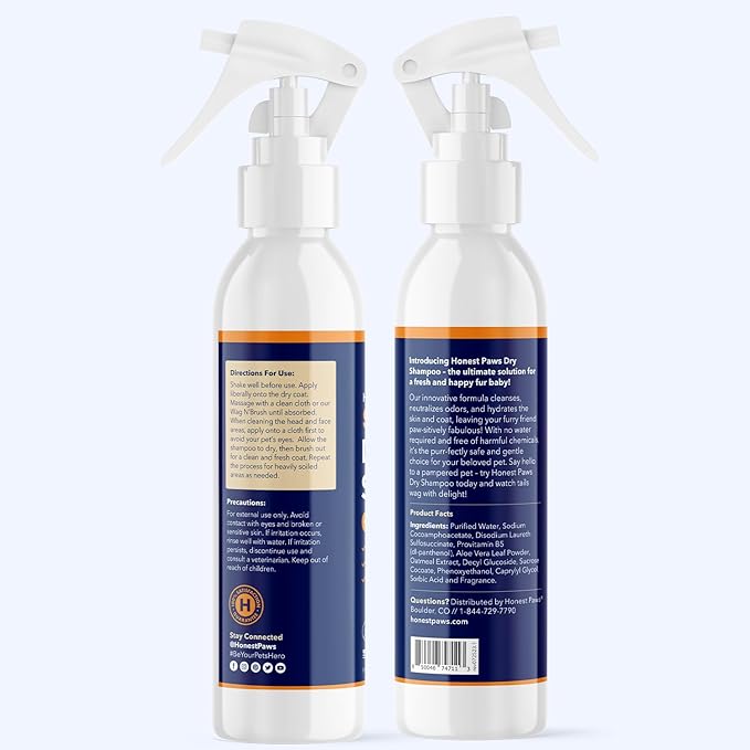 Honest Paws Dog Dry Shampoo - Waterless No Rinse Spray Formula Reducing Itch Cleanse Hydrate Nourish Dry Skin and Smelly Coat Help Decrease Odor Shedding and Allergies - Coconut & Mango - 8 oz