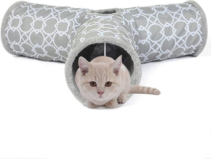 LUCKITTY Geometric 3 Way Cat Tunnel with Plush Inside,Cats Toys Collapsible Tunnel Tube with Balls, for Rabbits, Kittens, Ferrets,Puppy and Dogs