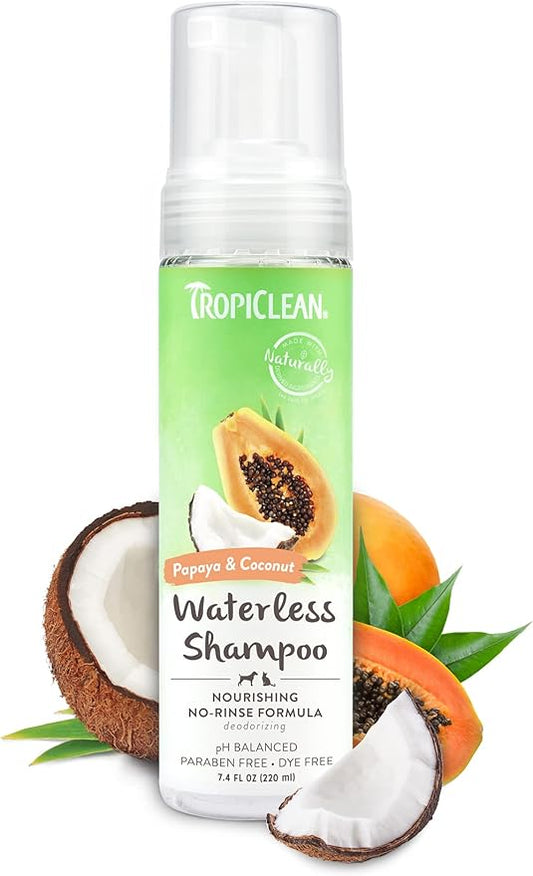 TropiClean No Rinse Waterless Dog Shampoo | Detangling & Deodorizing Dry Shampoo for Smelly Pets | Moisturizes Dry Skin | USA Made | Papaya Scent | 7.4oz