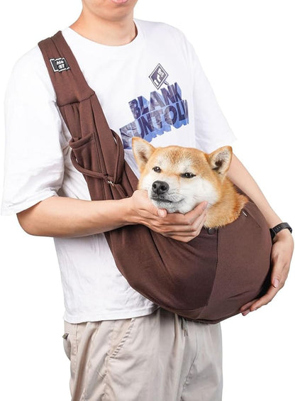 Reversible Dog Carrier Sling – Hands-Free Small Pet Carrier with Storage Pocket for Dogs and Cats, Safety Harness, Comfortable Travel Bag (Brown)