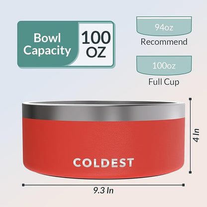 Coldest Dog Bowl - Anti Rust Metal, Non Slip, 3 Layers Insulated Stainless Steel Dog Bowls - Spill Proof & Heavy Duty - Water Bowl for Dogs, Cats & Pets, Dish Washer Safe (100 oz, Crimson Red)