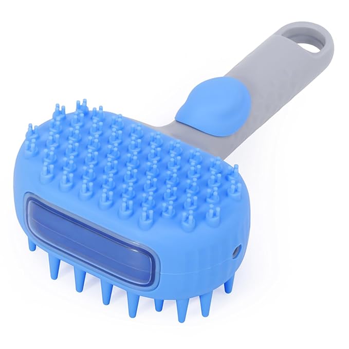 2 in1 Silicone Dog Cat Bath Brush, Pet Shampoo Brush Scrubber Massage Dispenser, Soft Silicone Grooming Shower Brush for Short Long Haired Dogs and Cats Washing (Blue)