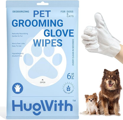 Pet Grooming Glove Wipes, Dog and Cat Cleaning Wipes for Fur, Paws, Butt, Puppy and Dog wet wipes, Hypoallergenic Deodorizing with Natural Sunshine Oat Extract, On-the-Go Freshness, Fast clean