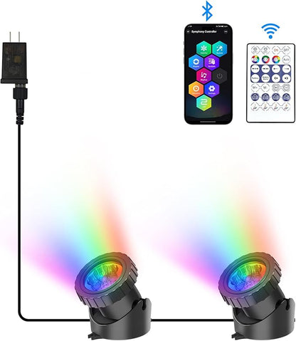 RGB Underwater Pond Lights, Super Bright LED Submersible Fountain Lights Colored Landscape Spotlights, Bluetooth APP Control IP68 Waterproof for Fish Aquarium Tank Garden Yard Pool (Set of 2)
