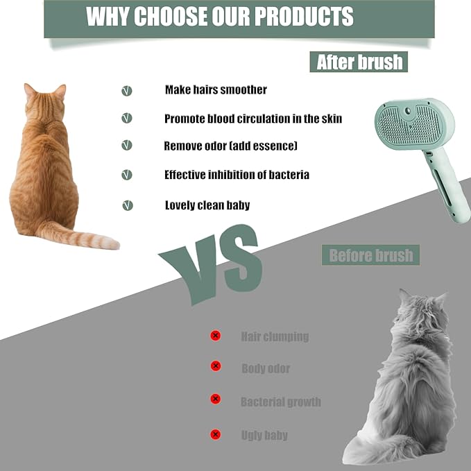 3 - in - 1 Pet Steam Brush for Cats & Dogs - Suitable for All Hair Types! One - Click Spray; Comfortable Massage; Superior Deshedding & Skin Care; Quiet Operation at 36dB (Green)