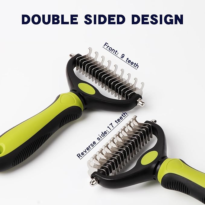 Dematting comb for Dogs, Cat deshedding Brush,Pet undercoat brushes, Dog Grooming Rakes for long haired Dogs-Double Sided Shedding,Dog brush for matted hair (Green)