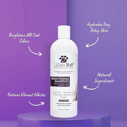 Lillian Ruff Ultra-Brightening Professional Whitening Shampoo for Dogs with Aloe & Coconut Oil for Dry Skin & Itch Relief - pH-Balanced Dog Whitening Shampoo Remove Stains Yellowing Odor (16oz/Brush)