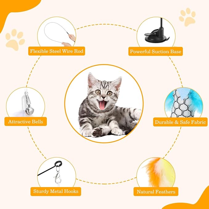 Pawaboo Cat Feather Toys, Interactive Cat Wand Toy with 2-Slot Super Suction Cup, Detachable 2 PCS Spring Cat Wand & 7 PCS Cat Teaser Replacement with Bells, Funny Kitty Toys for Indoor Kittens Play