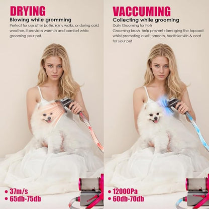 Dog Hair Vacuum / Blow Dryer One-Touch Switch, Dual-Motor Pet Grooming Kit For Shedding With Expandable Dust Cup, 8 Grooming Tools - Dog Vacuum Clipper Trimmer Nail Grinder Slicker Brush (Rose Red)
