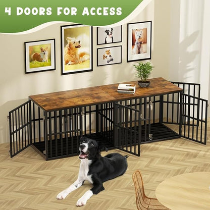 Dog Crate Furniture for 2 Dogs, 76 Wooden Dog Kennel with Divider, XXL Double Dog Crate Furniture Large Breed with 4 Doors, Dog Cage End Table Indoor for Large & Medium Dogs, Black