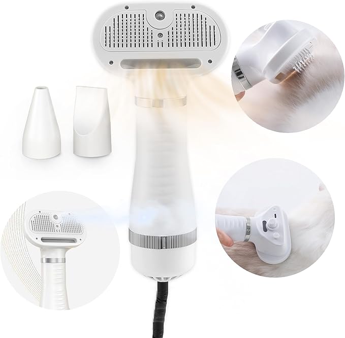 3-in-1 Pet Grooming Tool - Hair Dryer with Slicker Brush & Steam Spray, Self-Cleaning Deshedding Brush with USB Rechargeable for Dogs/Cats, Ideal for Home & Travel