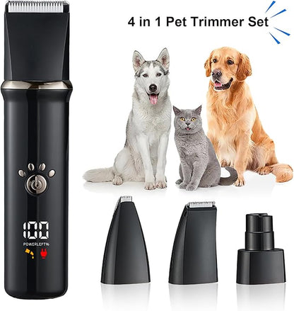 4-in-1 Dog Grooming Clippers Kit, Cordless Rechargeable Low Noise Shaver Grooming Supplies, Waterproof and Washable Pet Trimmer Set with Paw Trimmer for Dog Pets (Grey)