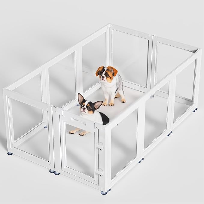 Dog Playpen Transparent Puppy Playpen Indoor, Easy Assemble & Disassemble Clear Pet Playpen, Sturdy & Easy Cleaning Plastic Dog Fence with Fence-to-Wall Anchor & Suction Cup (23.6"" H, 10PCS), WHITE