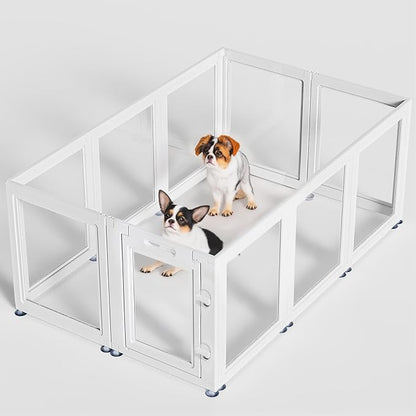 Dog Playpen Transparent Puppy Playpen Indoor, Easy Assemble & Disassemble Clear Pet Playpen, Sturdy & Easy Cleaning Plastic Dog Fence with Fence-to-Wall Anchor & Suction Cup (23.6"" H, 10PCS), WHITE