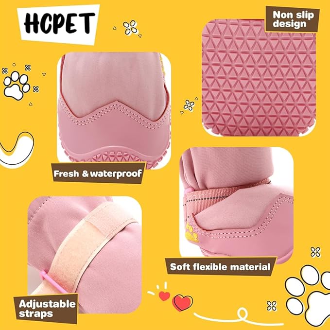 Hcpet Dog Shoes, Dog Boots & Paw Protectors for Winter Snowy Days, Rainy Weather, Outdoor Anti-Slip Sole Dog Booties for Hardwood Floor Pink-Leg 7