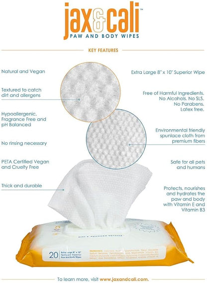 JAX & CALI Pet Wipes, Natural Textured Paw and Body Wipes, Hypoallergenic, pH Balanced, Vitamins B3 & E, Soothing Aloe, No Fragrance, Holistic, Cruelty Free, Dogs & Cats, Extra Large 8"x10", 20 Wipes