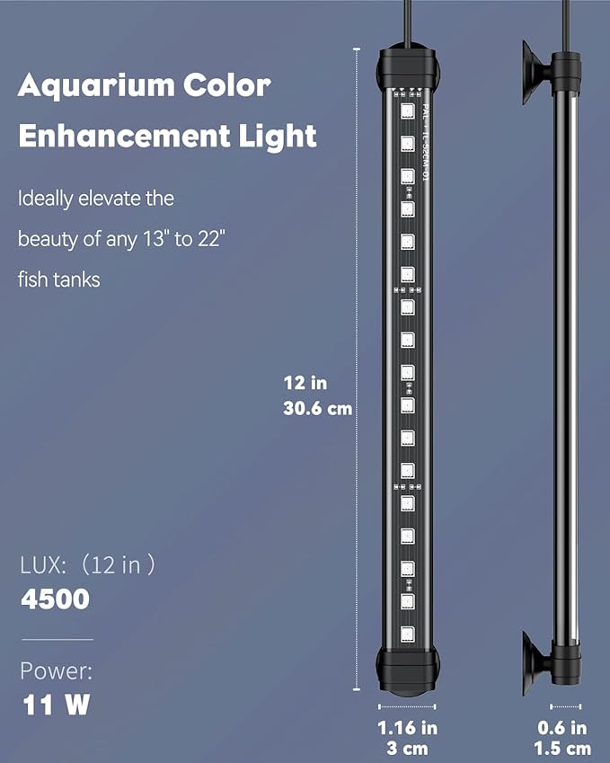 Pawfly 12 Inch 11 W Aquarium Color Enhancement Light for 13" to 22" Fish Tanks IPX8 Waterproof Aquarium LED Light Brilliant RGB Lights with 7 Single Color Effects Timer & Adjustable Brightness