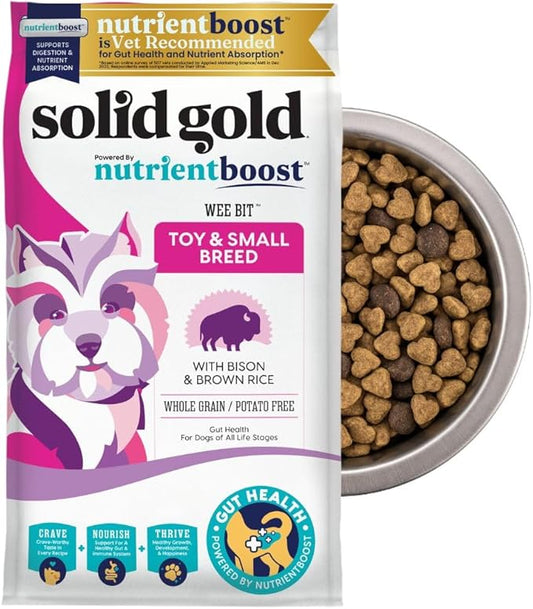Solid Gold Toy & Small Breed Dog Food Dry Small Bites  Real Bison & Healthy Whole Grain Dogfood  Potato Free, High Fiber Healthy Dog Kibble w/Probiotics for Gut Health  NutrientBoost  11 lb