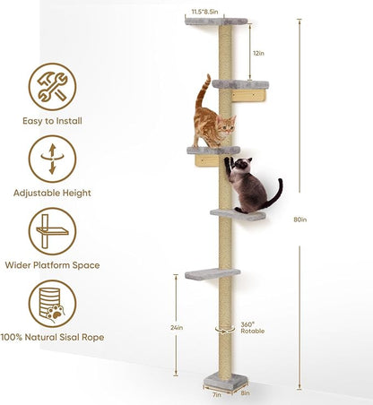 PAWSCRAT Wall-Mounted Cat Tree, 5 Tier Floor to Ceiling Cats Tower, 80 Inch Wall-Mounted Cat Scratching Post, Space Saving Cat Furniture and Easliy Climb for All Cats, Gery
