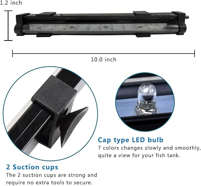 PULACO 2W Aquarium Fish Tank Air Stone with Automatic Color Changing LED Light (Length -10" for Small Fish Tank) for Aquarium Air Pump