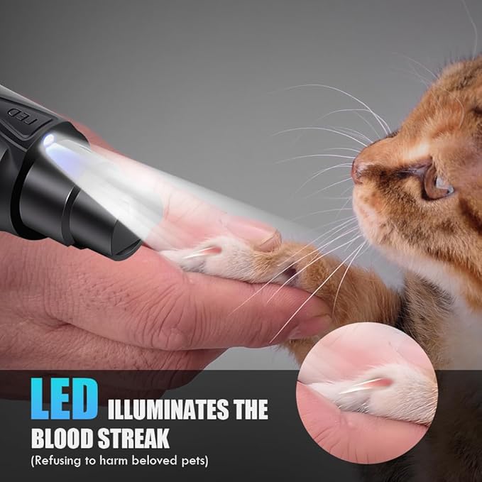 Dog Nail Grinder with LED Light, 2 Speeds Pet Dog Cat Nail Trimmers and Nail Clippers Set Low-Noise Rechargeable Pet Nail Grinder with 2 Grinding Wheels for Large Medium Small Animal Nail Care