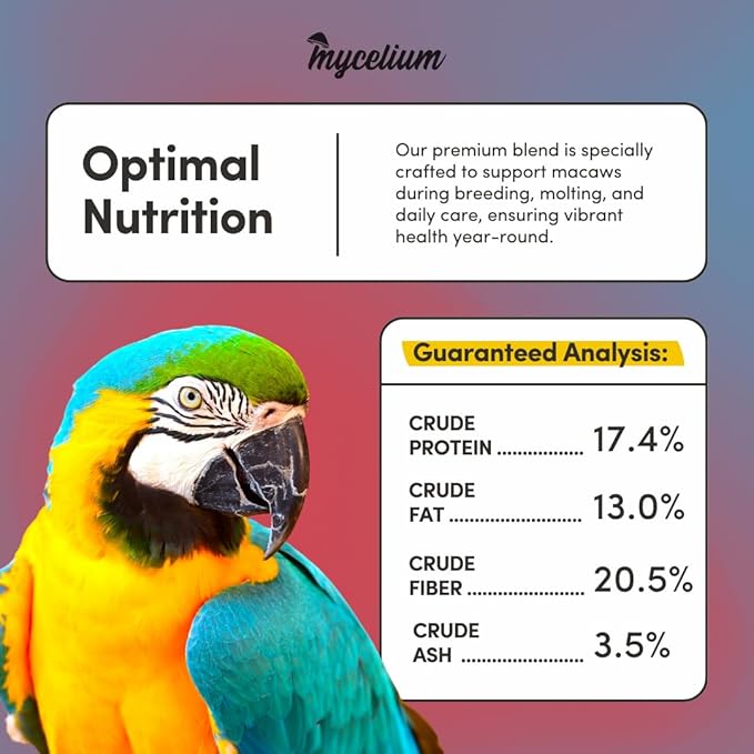 Mycelium Organic Macaw Bird Food (5 LB Bag) | Premium Seed, Pellet & Kibble Blend for Large Parrots | High-Protein, Digestive & Feather Support | Non-GMO, USA-Grown
