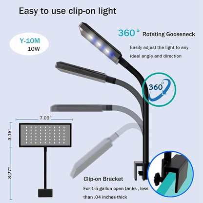Clip-on Aquarium Light 10w (3 Timers, 3 Modes, 10 Dimming, Split Power) for Coral, Reef, Saltwater Fish, Algae Scrubber Nano/Mini/Pico/Refugium Tank,1-16Gallon(5-16in) Aquarium