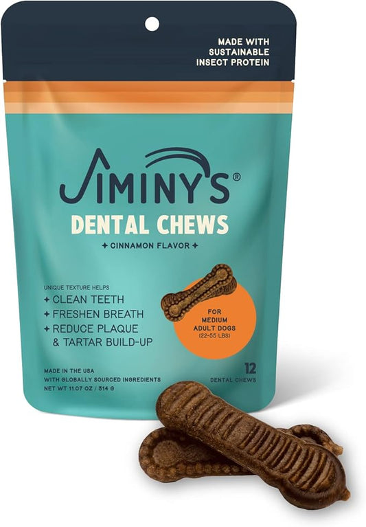 Jiminy's Dental Chews for Dogs, Cinnamon Flavor, Scientifically Proven to Improve Oral Health, Dental Bones Clean Teeth, Fight Bad Breath, and Removes Plaque and Tartar, Medium, 12ct (Pack of 1)