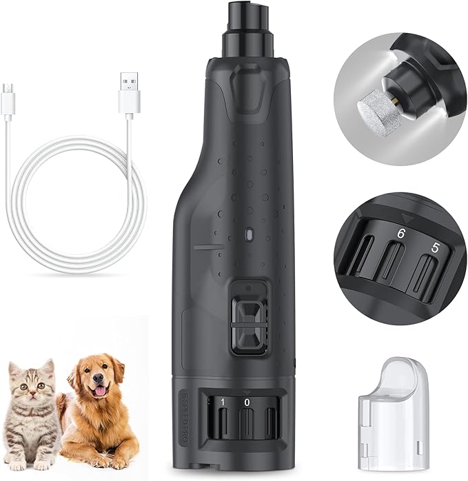 Rechargeable Dog Nail Grinder with 2 LED Lights Quiet 6 Speed Electric Nail Trimmer,Dust Cap,and 3 Grinding Ports for Large,Medium Small Dogs
