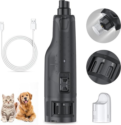 Rechargeable Dog Nail Grinder with 2 LED Lights Quiet 6 Speed Electric Nail Trimmer,Dust Cap,and 3 Grinding Ports for Large,Medium Small Dogs