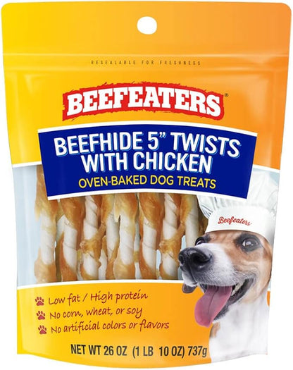Beefeaters Dog Treats - Beefh 5in Twist with Chicken 26oz | Dog Food High Protein, Low Fat, Enriched with Vitamins & Minerals | Promotes Clean Teeth | Dog Training Treats for All Dog Sizes