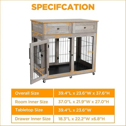Dog Crate Furniture, Wooden Dog Kennel with Room Divider and Tray, Double Rooms Dog Cage, Wooden Dog Crate Table with 2 Drawers End Table