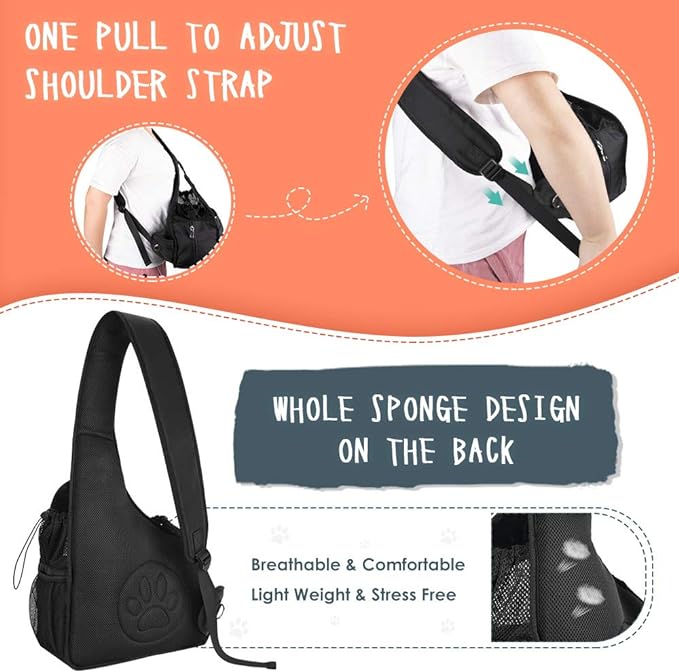 SlowTon Pet Dog Sling Carrier, Hands Free Hard Bottom Papoose Small Animal Puppy Up to 6 lbs Travel Bag Tote Breathable Mesh Support Adjustable Padded Strap Pocket Safety Belt Machine Washable
